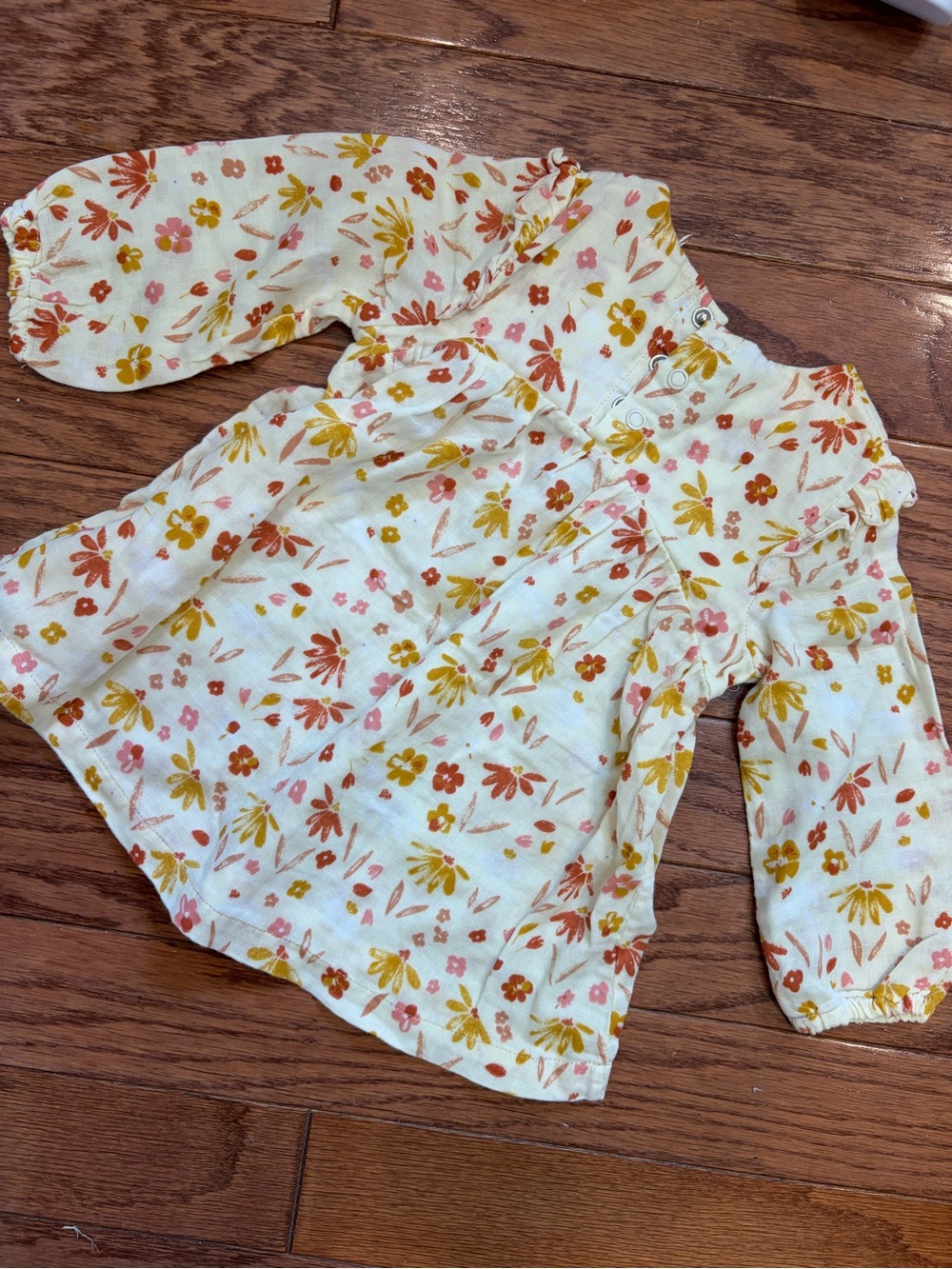 Angel Dear Cream Floral Long-Sleeve Baby Dress with Pink and Yellow Flowers
